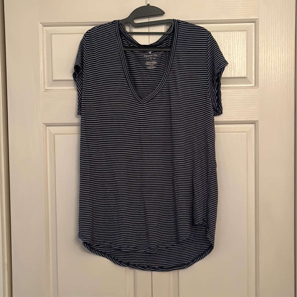 American Eagle Outfitters Navy and White striped Favorite T.